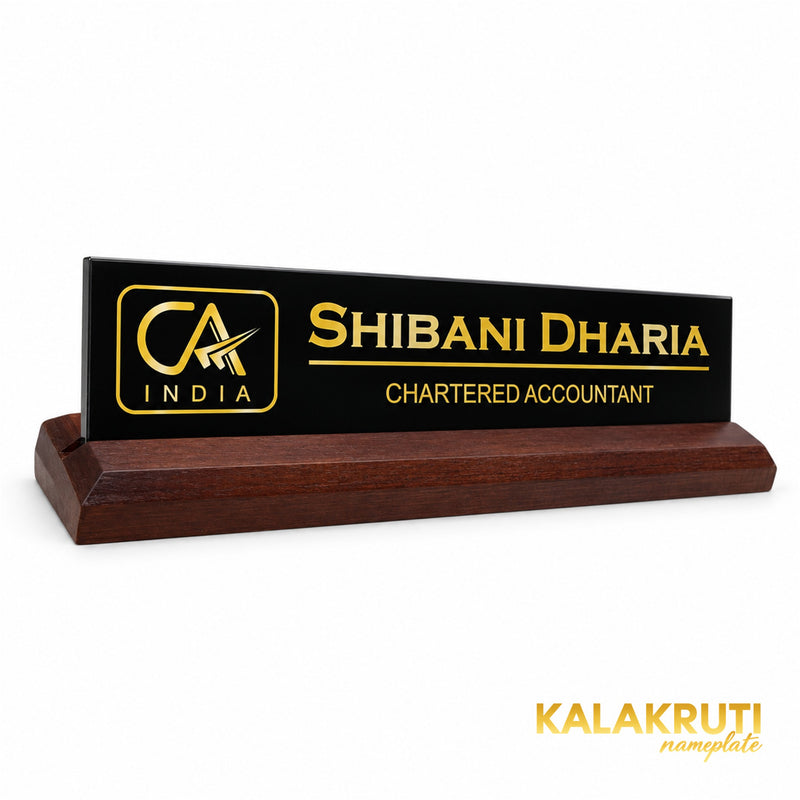 Shibani Dharia desk nameplate, left angle