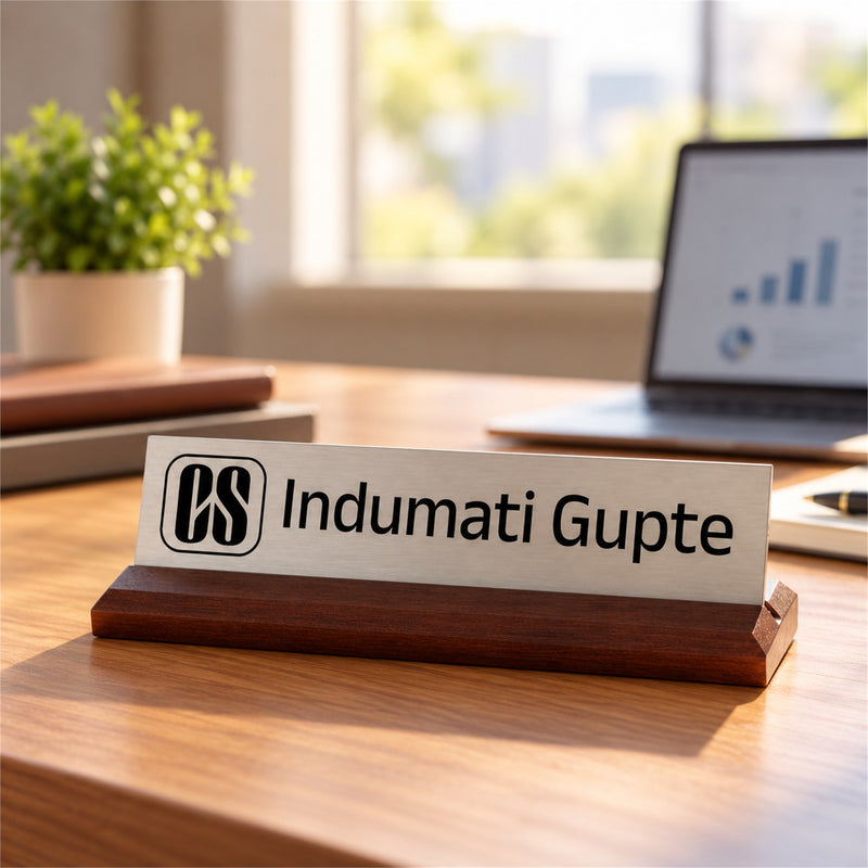 Indumati Gupte desk nameplate, table
