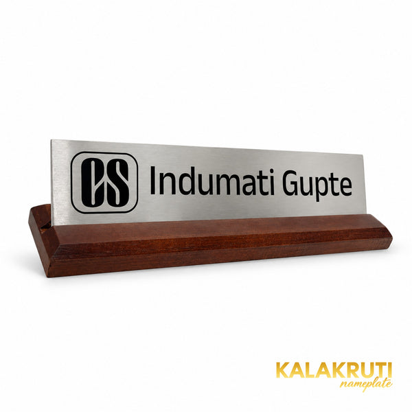 Indumati Gupte desk nameplate, left angle