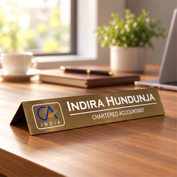Indira Hundunja desk nameplate, table