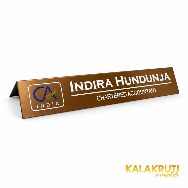 Indira Hundunja desk nameplate, left angle