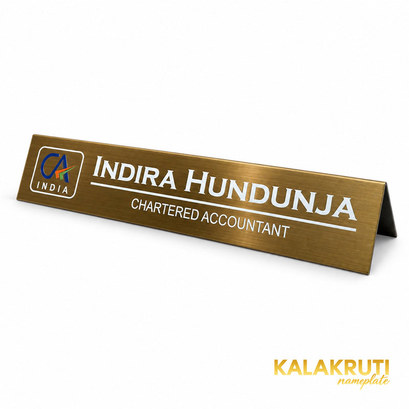 Indira Hundunja desk nameplate, right angle