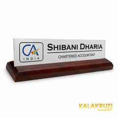 Shibani Dharia desk nameplate, left angle