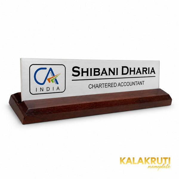 Shibani Dharia desk nameplate, left angle