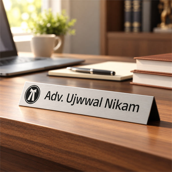 Adv. Ujwwal Nikam desk nameplate, table
