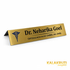 Dr. Neharika Goel desk nameplate, left angle