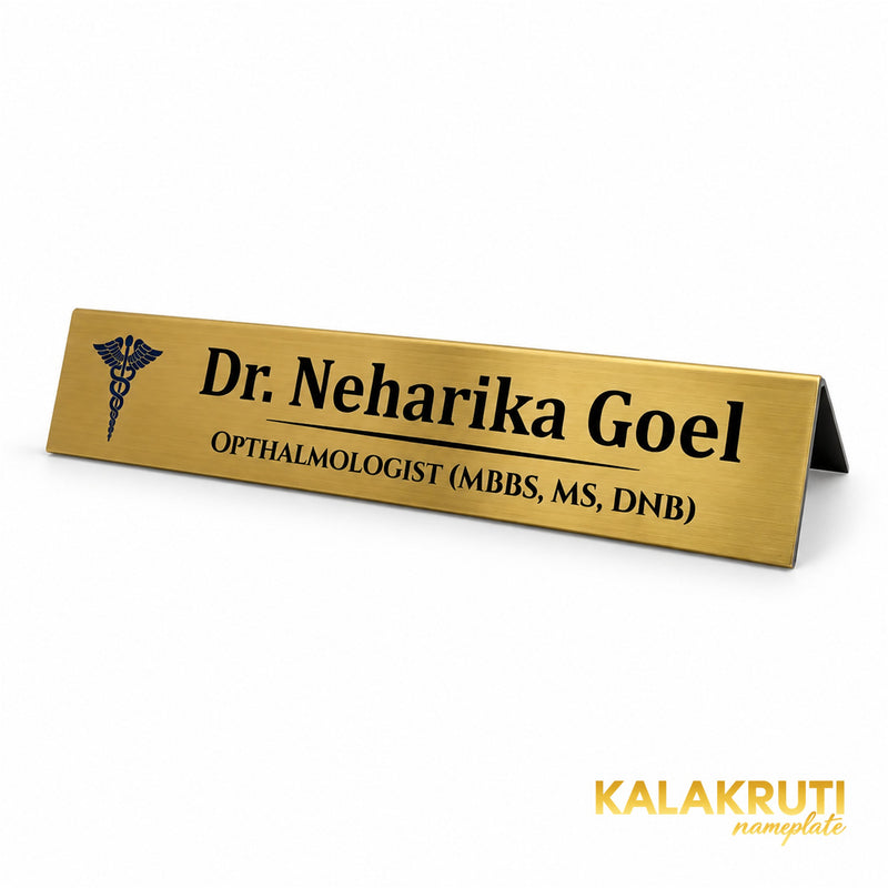 Dr. Neharika Goel desk nameplate, right angle