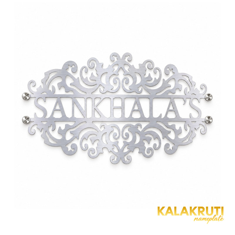 Sankhala's nameplate, straight-on front view on a white studio background