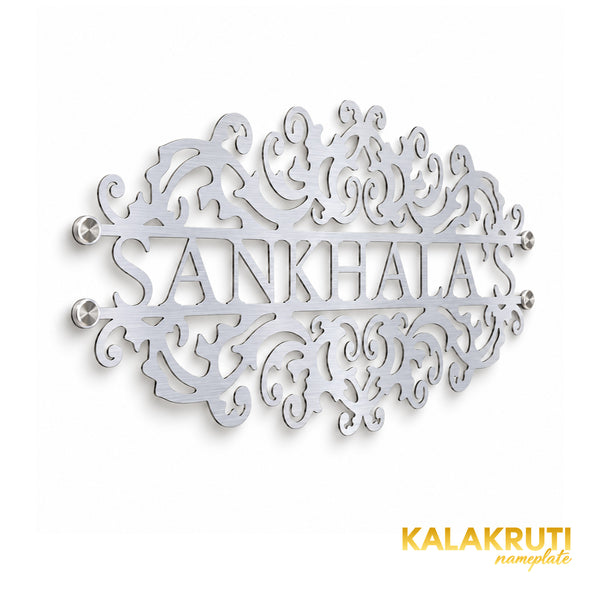 Sankhala's left angle of the nameplate on a white studio background