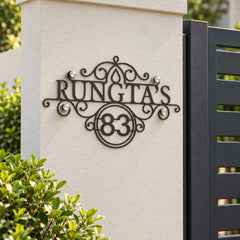 Rungta's nameplate shown installed at a residential entrance