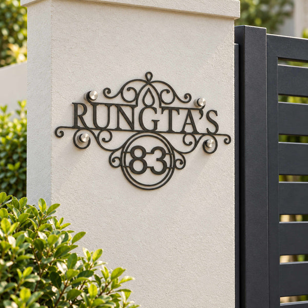Rungta's nameplate shown installed at a residential entrance