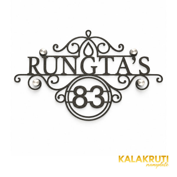 Rungta's nameplate, straight-on front view on a white studio background