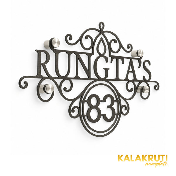 Rungta's left angle of the nameplate on a white studio background