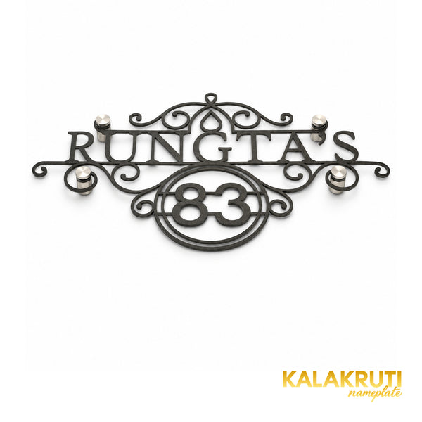 Rungta's 83 black nameplate, oblique detail showing thin cutout edges and four metallic stand-offs