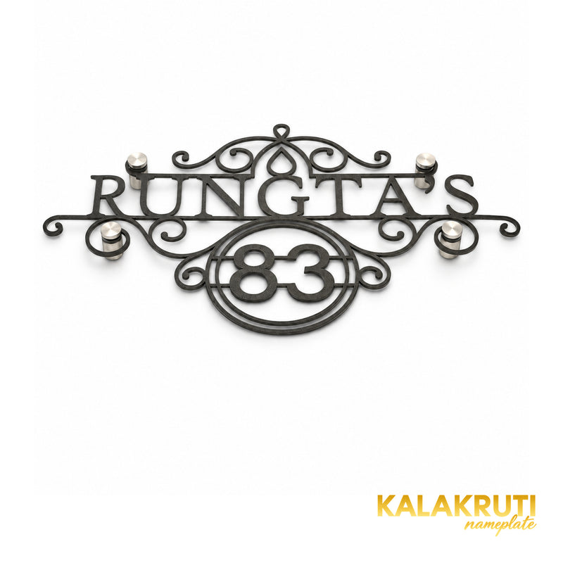 Rungta's 83 black nameplate, oblique detail showing thin cutout edges and four metallic stand-offs