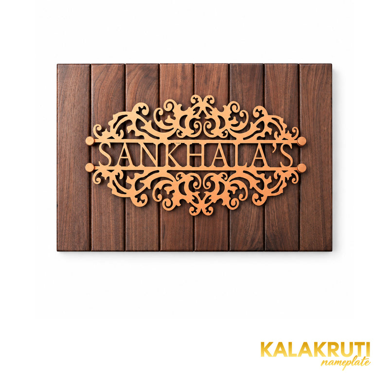 Sankhala's nameplate, straight-on front view on a white studio background