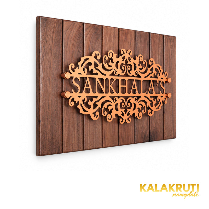 Sankhala's left angle of the nameplate on a white studio background