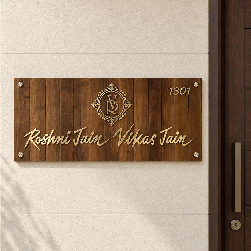Roshni and Vikas Jain nameplate shown installed at a residential entrance