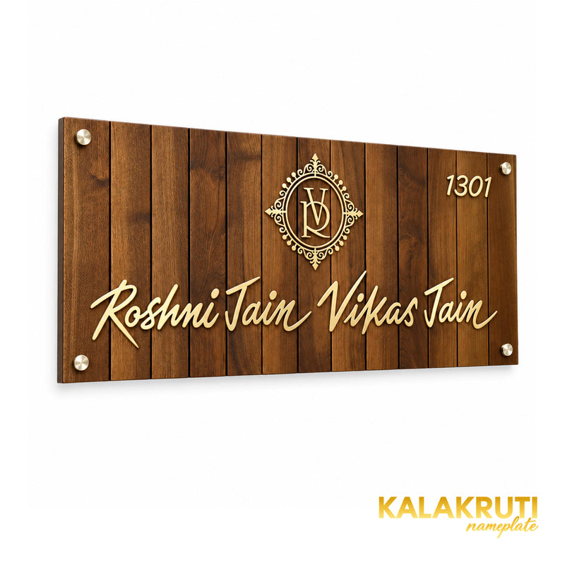 Roshni and Vikas Jain left angle of the nameplate on a white studio background