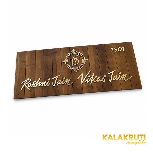 Roshni and Vikas Jain woodgrain nameplate, original low-angle view before fitting the four corner caps