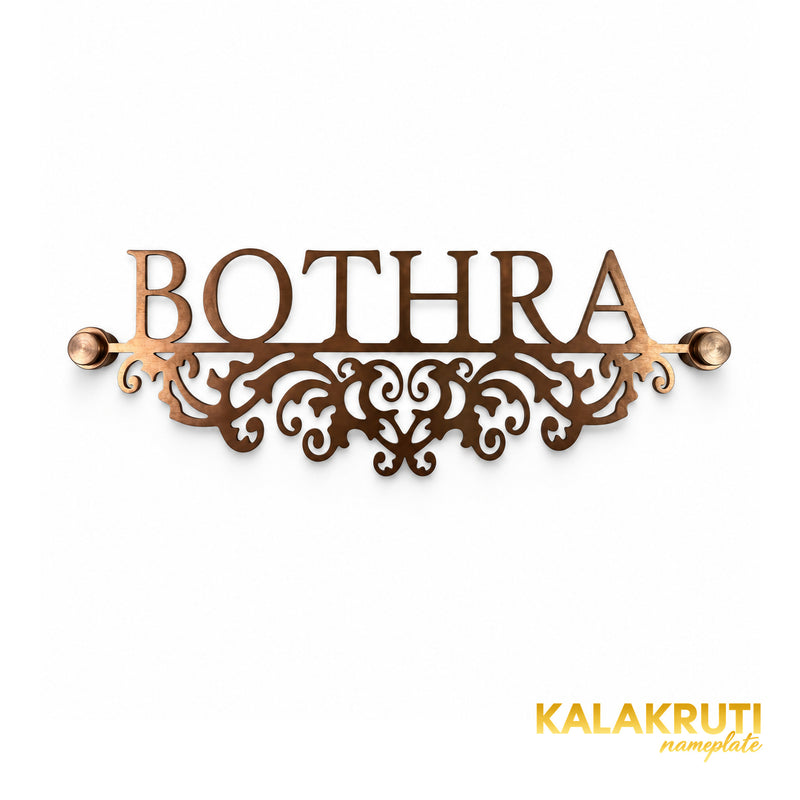 Bothra nameplate, straight-on front view on a white studio background
