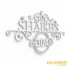 Shaikh's left angle of the nameplate on a white studio background