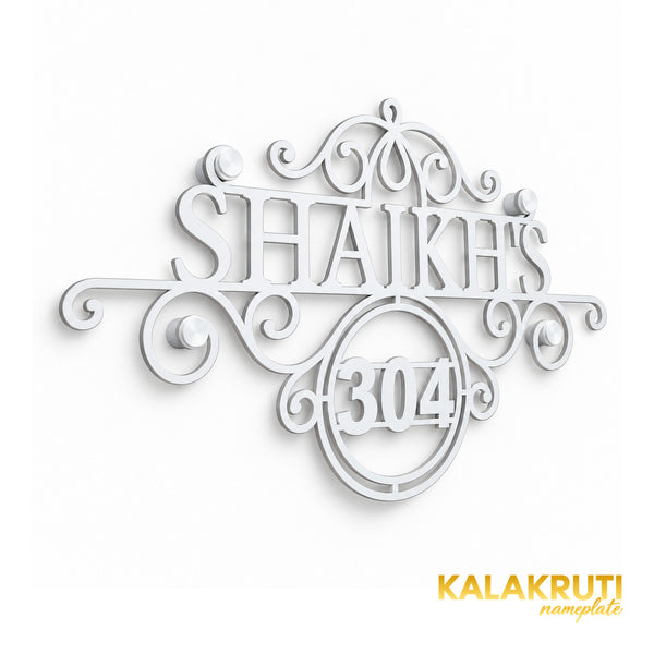 Shaikh's left angle of the nameplate on a white studio background