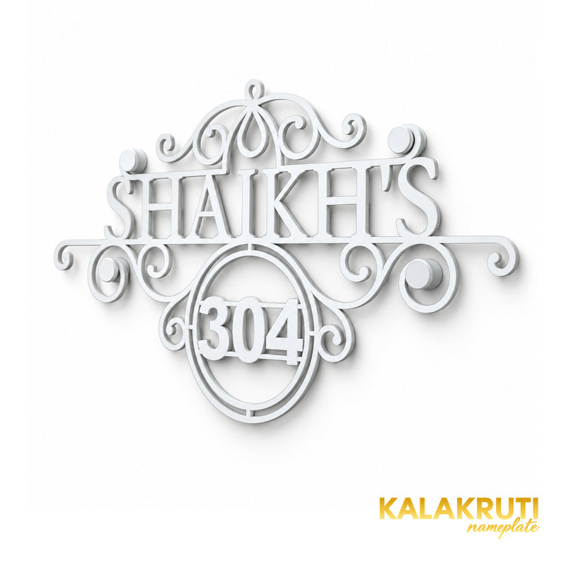Shaikh's right angle of the nameplate on a white studio background