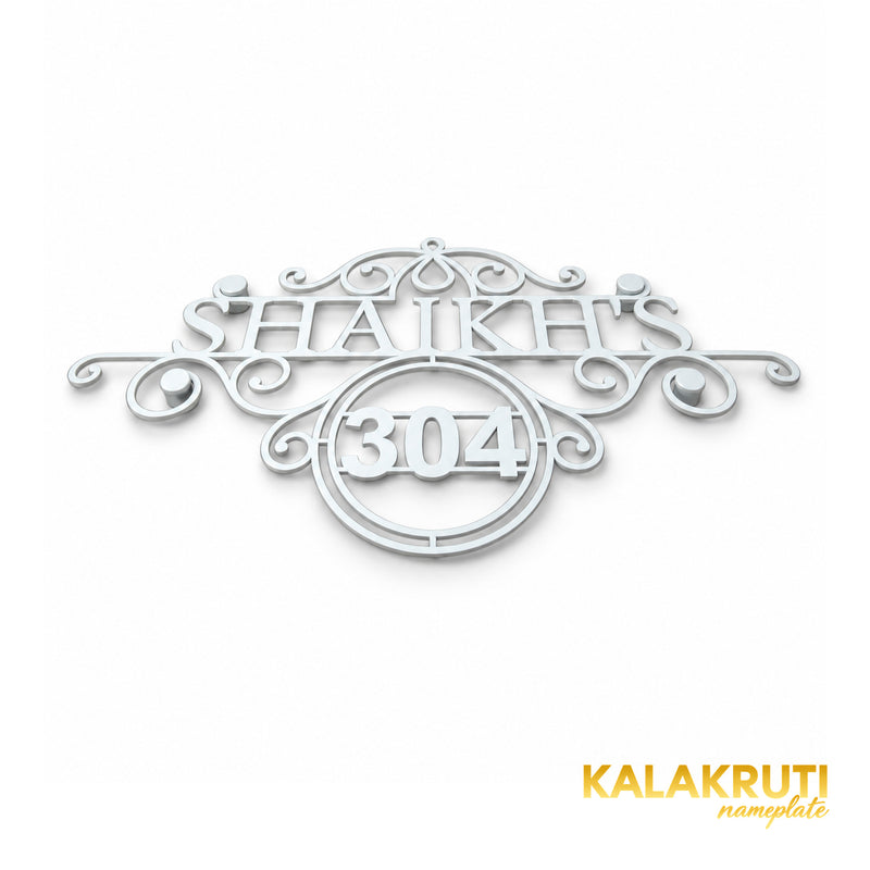 Shaikh's nameplate, original low oblique view of the scrollwork and integrated 304 frame