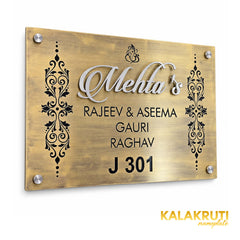 Mehta's left angle of the nameplate on a white studio background