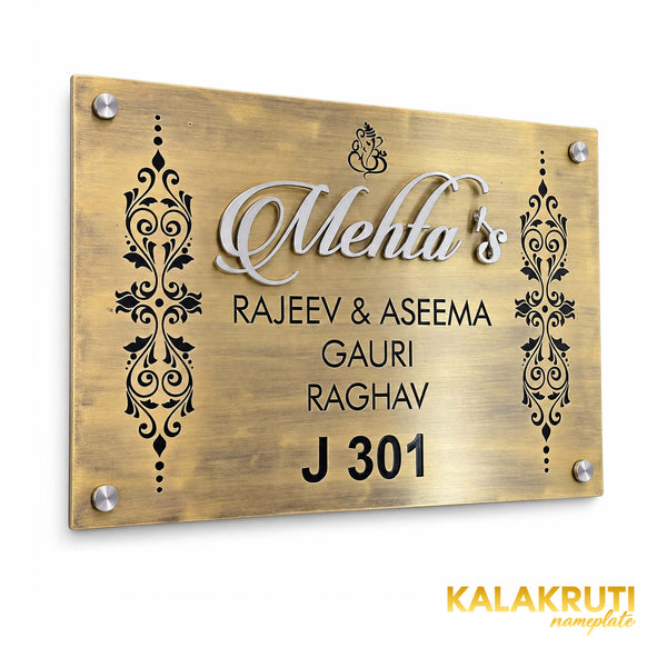 Mehta's left angle of the nameplate on a white studio background