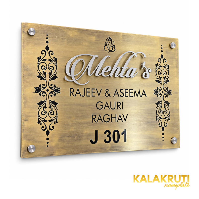 Mehta's left angle of the nameplate on a white studio background