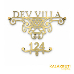 Dev Villa nameplate, straight-on front view on a white studio background