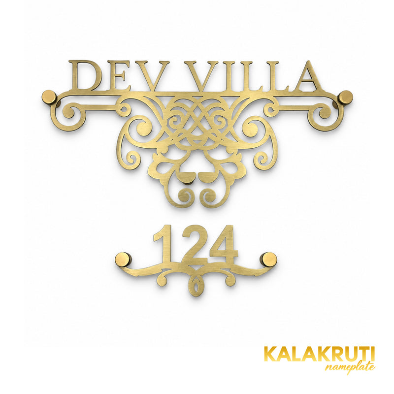 Dev Villa nameplate, straight-on front view on a white studio background