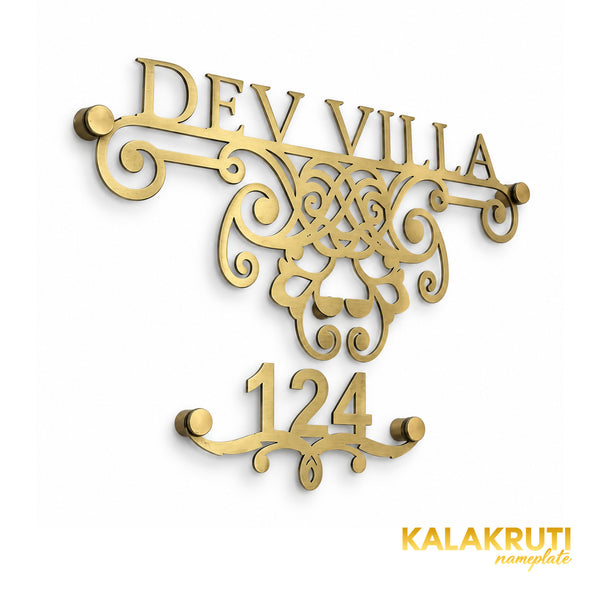 Dev Villa left angle of the nameplate on a white studio background