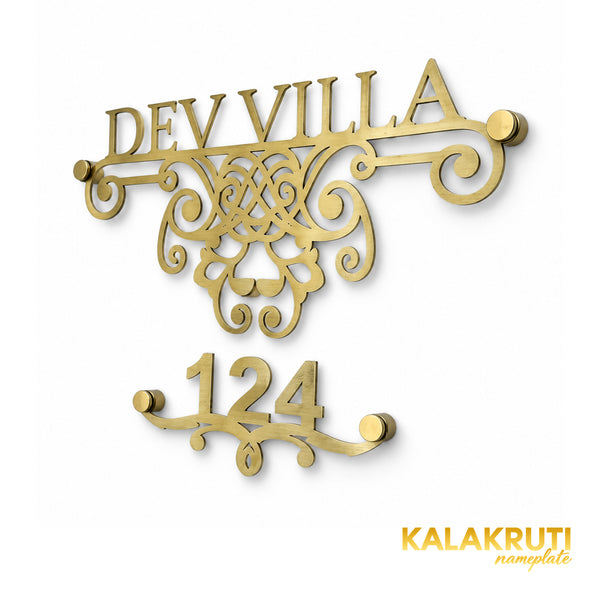 Dev Villa right angle of the nameplate on a white studio background