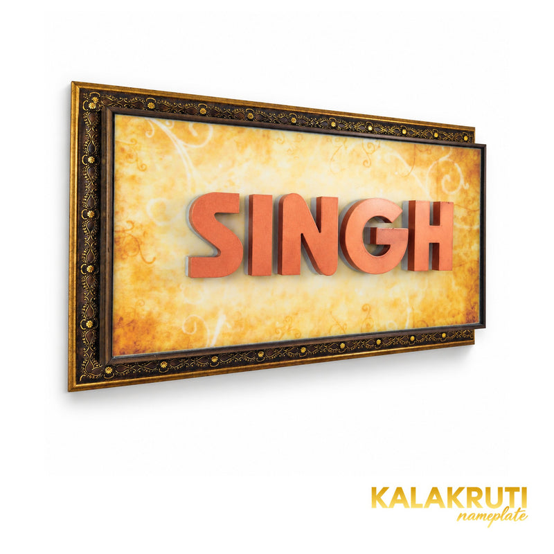 Ornate framed SINGH LED nameplate, left angle with LED off
