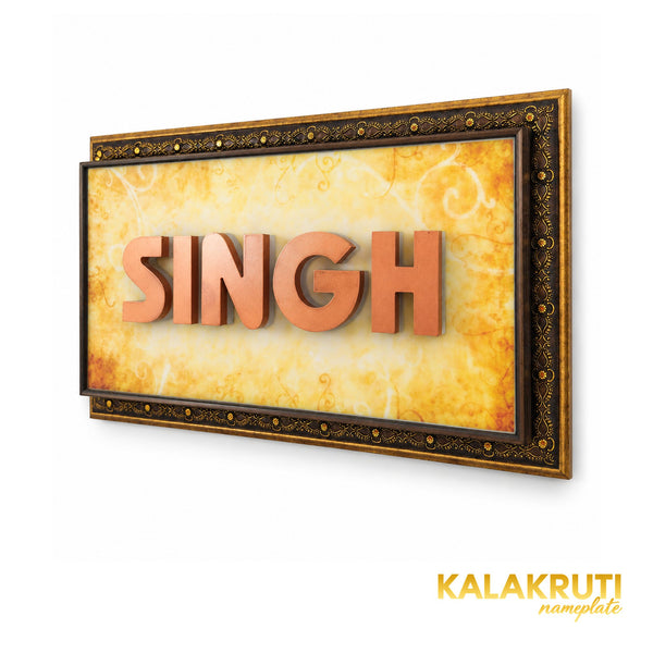 Ornate framed SINGH LED nameplate, right angle with LED off