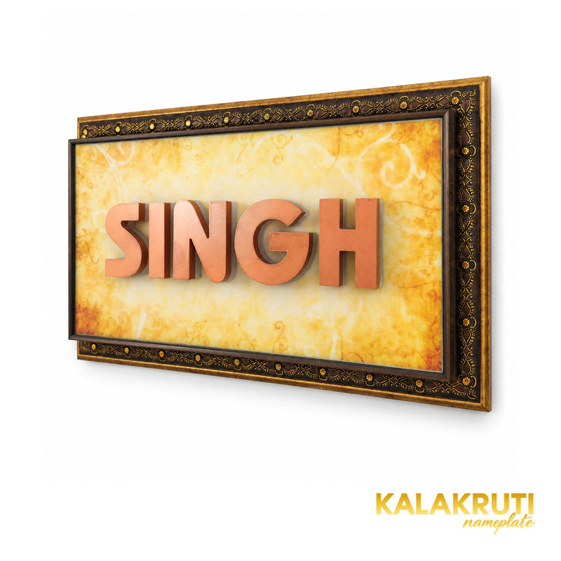 Ornate framed SINGH LED nameplate, right angle with LED off