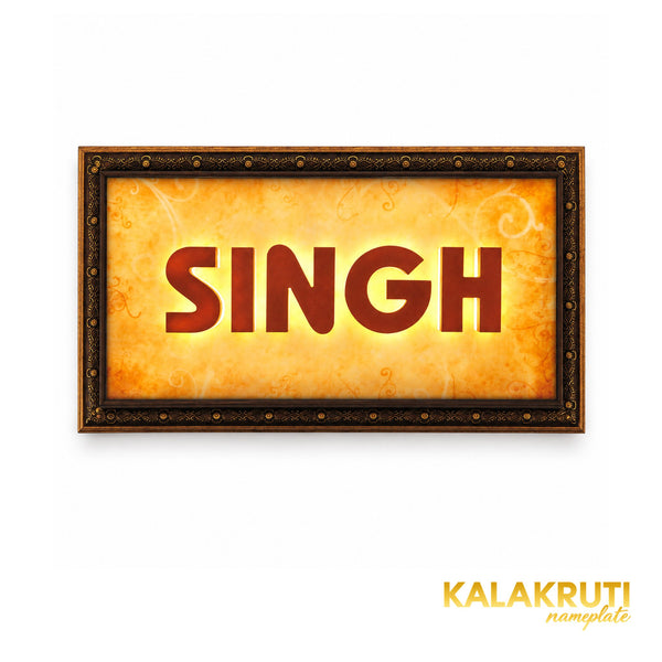 Ornate framed SINGH LED nameplate, illuminated front