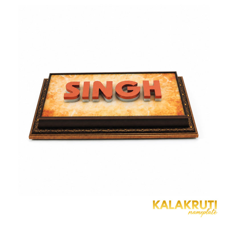 Ornate framed SINGH LED nameplate, low angle showing raised-letter depth