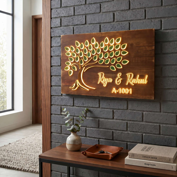Riya & Rahul wooden tree LED nameplate, A-1001, installed illuminated hero
