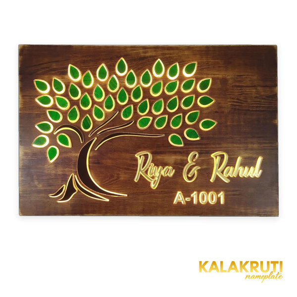 Riya & Rahul wooden tree LED nameplate, A-1001, illuminated front