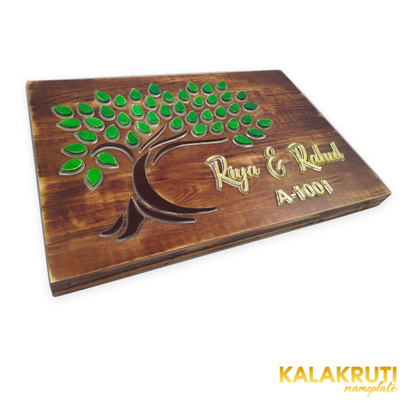 Riya & Rahul wooden tree LED nameplate, A-1001, left angle with LED off