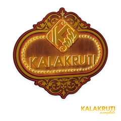 Ornate wooden KALAKRUTI LED nameplate - left angle LED on