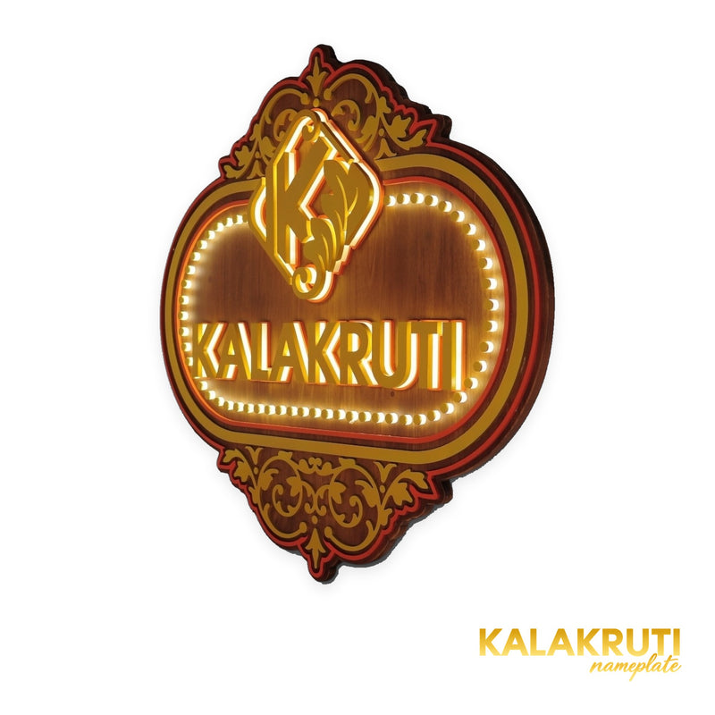Ornate wooden KALAKRUTI LED nameplate - right angle LED on
