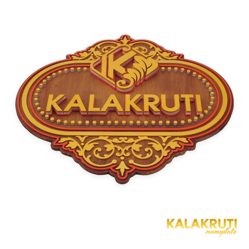 Ornate wooden KALAKRUTI LED nameplate - low angle LED off