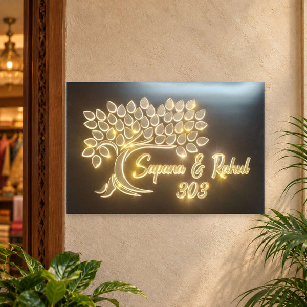 Sapana & Rahul 303 black tree design LED nameplate - installed LED on