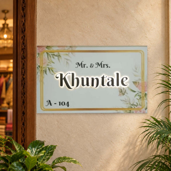 Mr. & Mrs. Khuntale A-104 floral acrylic LED nameplate - installed LED on