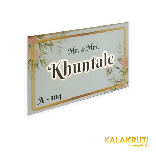 Mr. & Mrs. Khuntale A-104 floral acrylic LED nameplate - left angle LED on